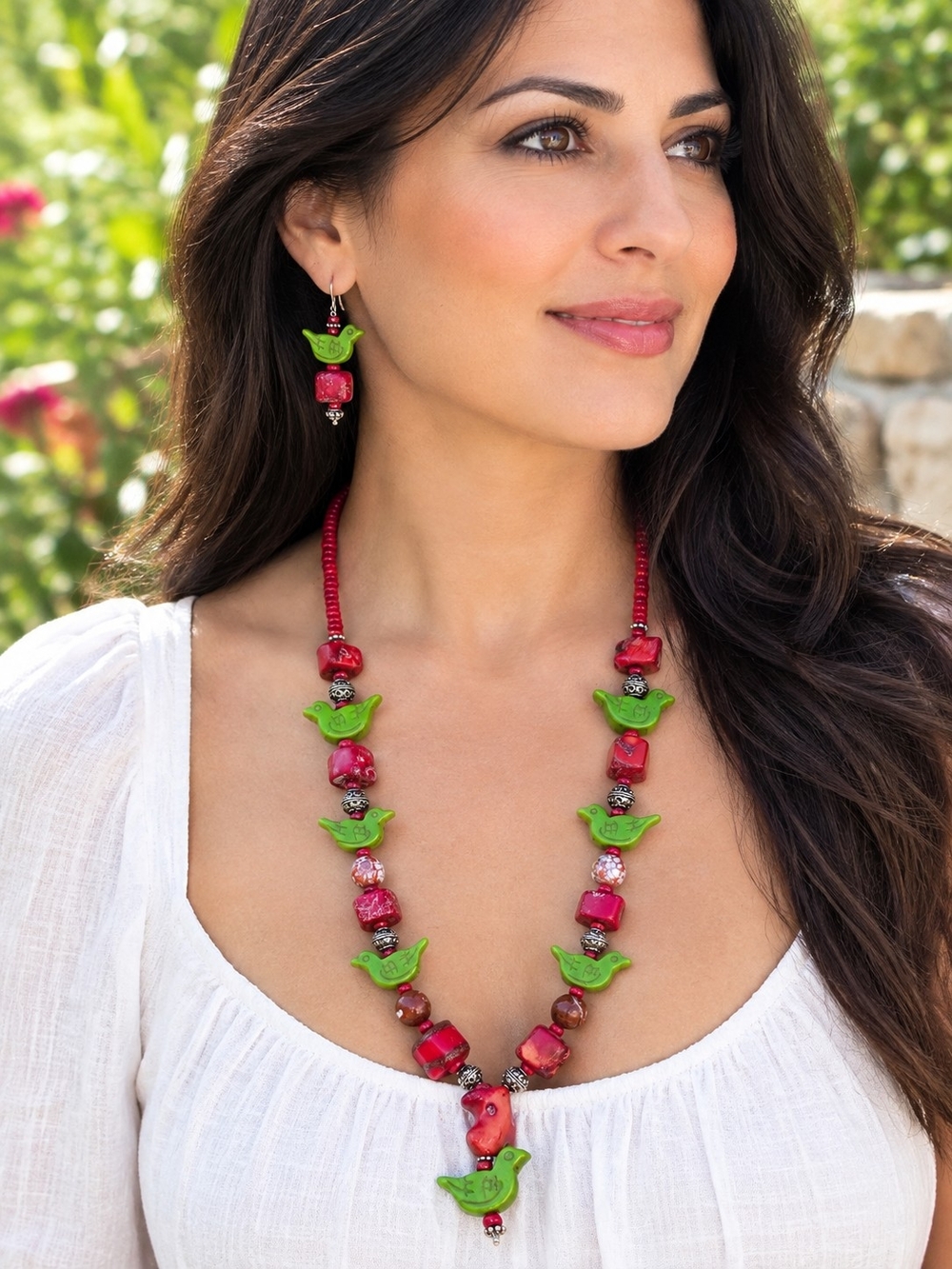 Fetish Green Gaspite Bird, Red Coral, Agate, 925 Silver Beads Necklace Earrings